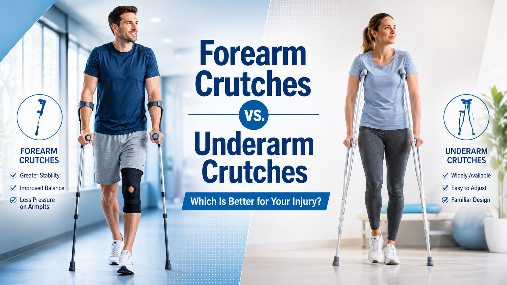Adult using forearm crutches with forearm cuff and handgrip during injury recovery