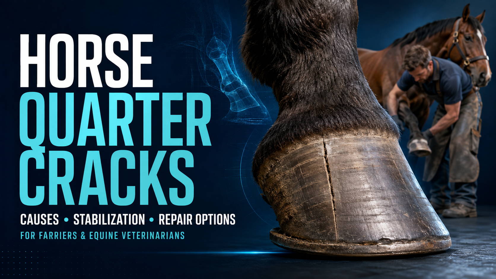 Close-up of a horse quarter crack beside a farrier examining the hoof for stabilization and repair options.