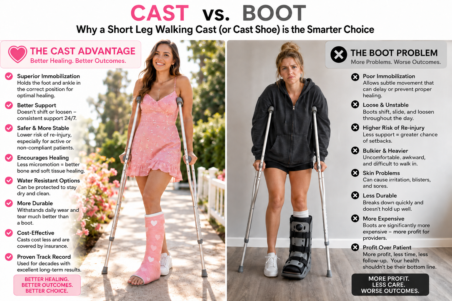 Comparison of a medical walking boot versus a short leg cast with walking cast heel showing why a cast provides better fracture protection and compliance