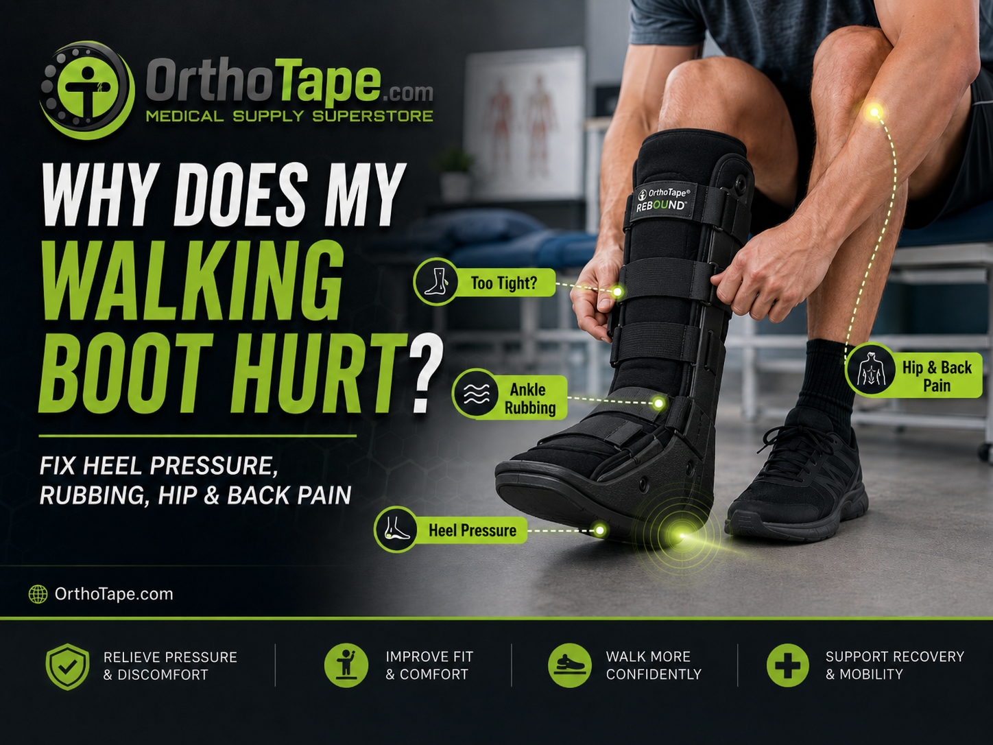 Adult adjusting a medical walking boot while identifying heel pressure, ankle rubbing and gait-related hip or back discomfort