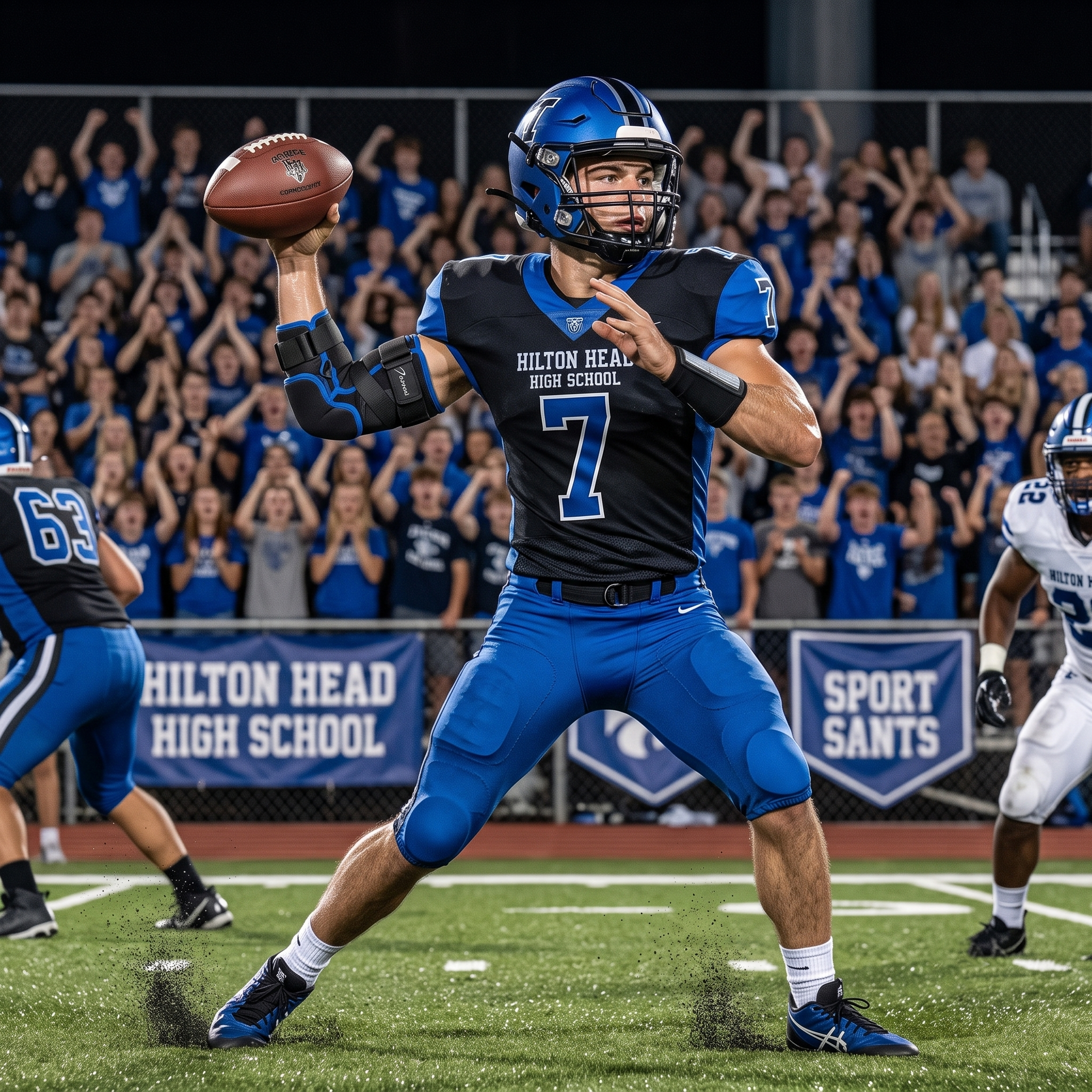 Football player wearing a DeRoyal Hypercontrol Elbow Brace Hyperextension Protection throwing a football with fans watching