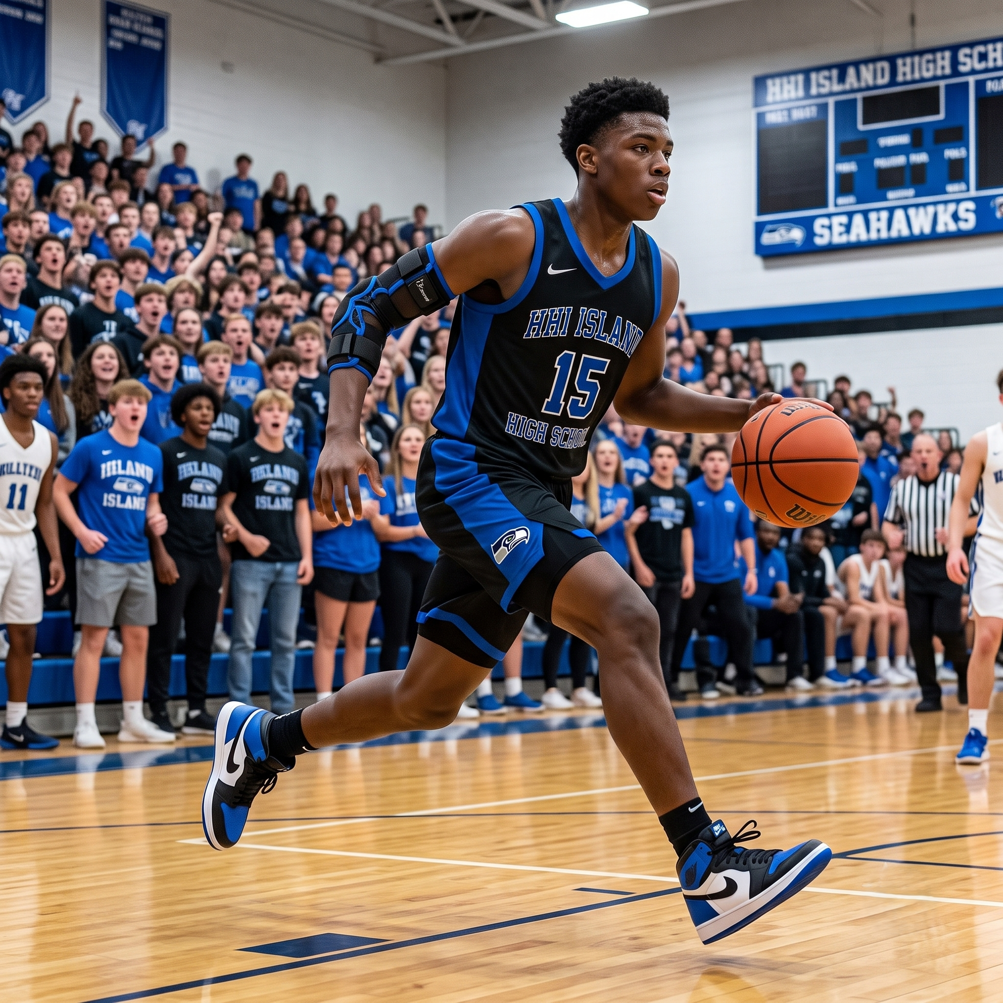 backetball player wearing a DeRoyal Hypercontrol Elbow Brace Hyperextension Protection dribbling down the court with fans watching