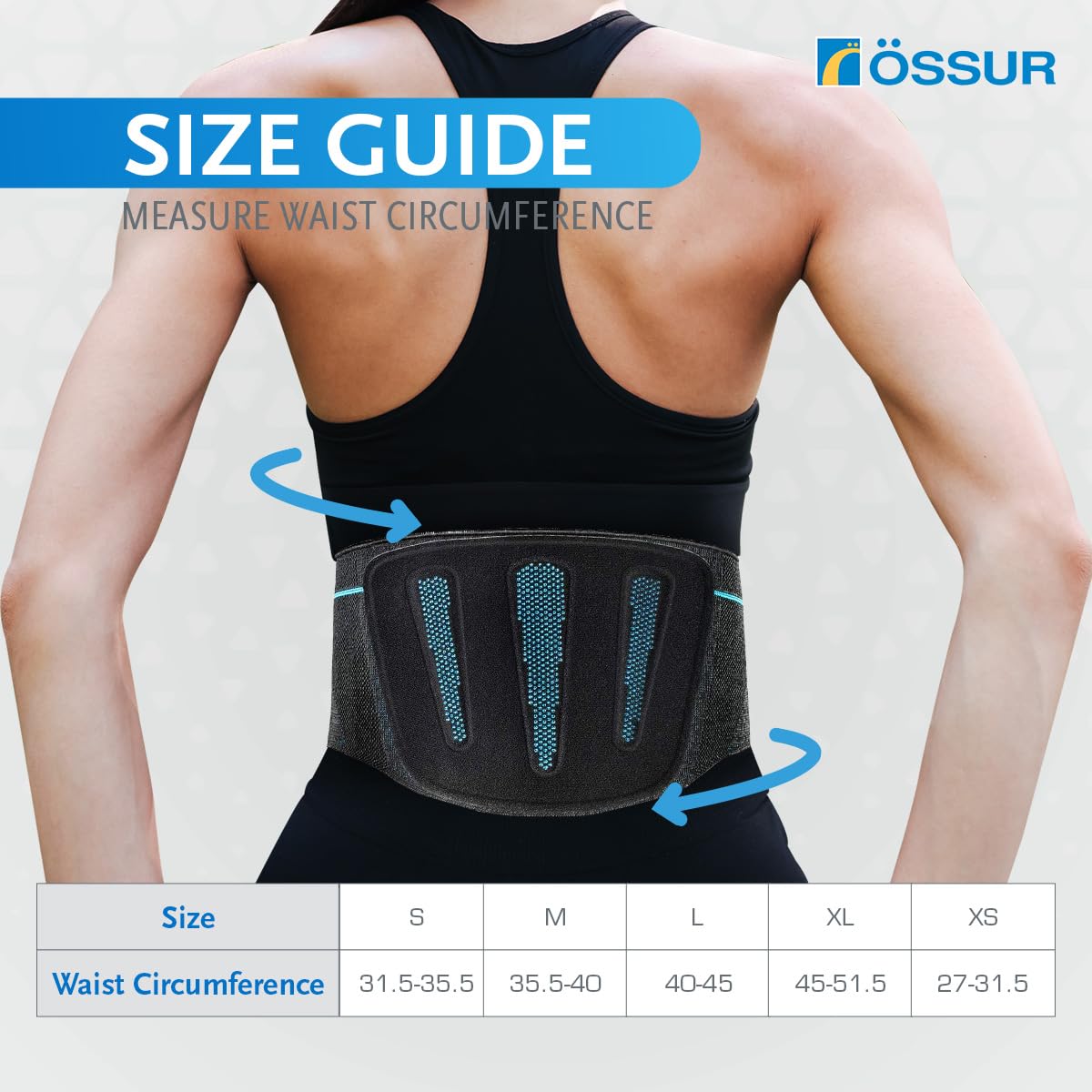 Size guide Person wearing a black Ossur form fit pro back brace support waist support belt with size guide and Ossur branding.