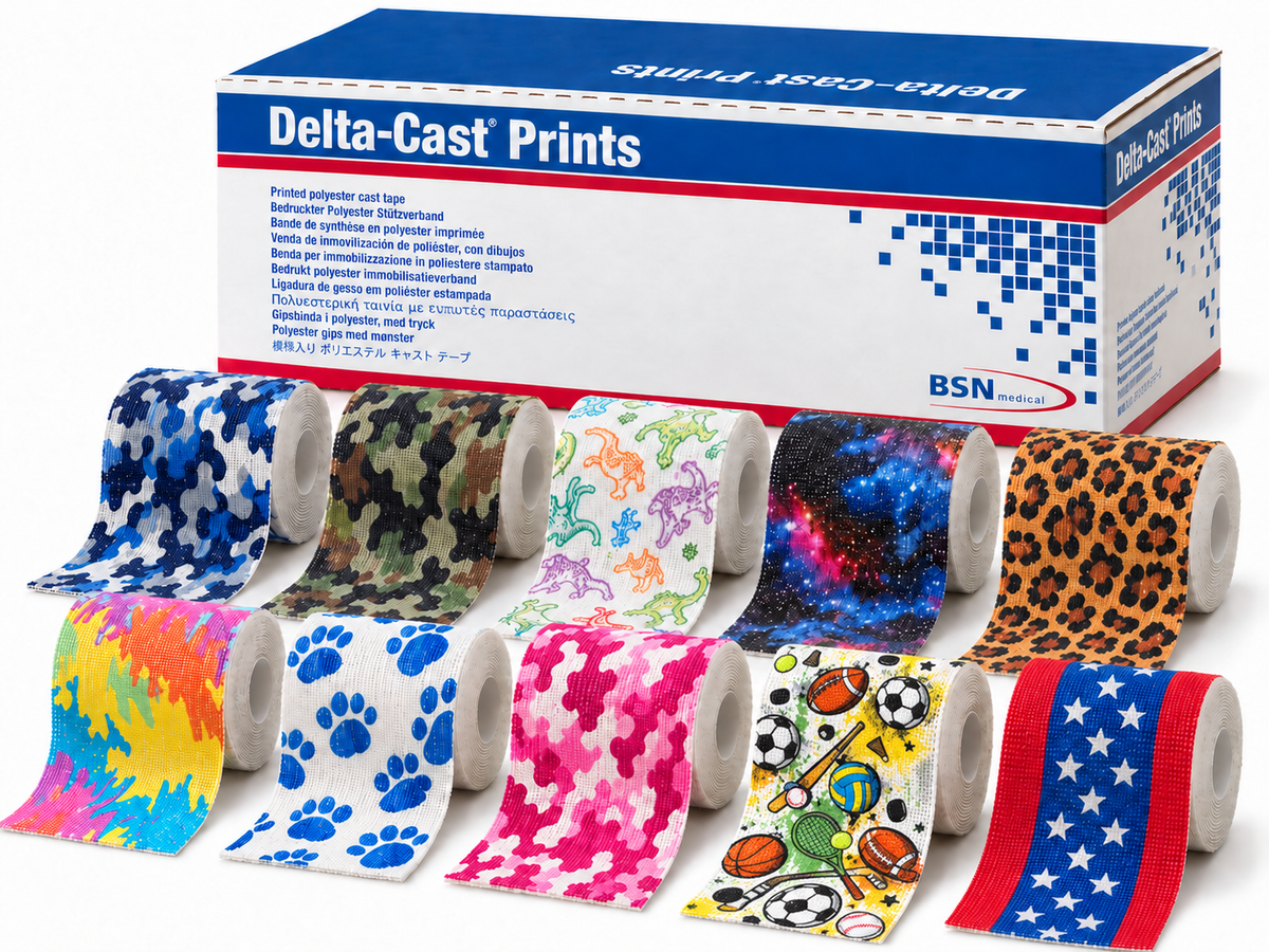 Delta-Cast Prints polyester casting tape box with ten colorful patterned rolls