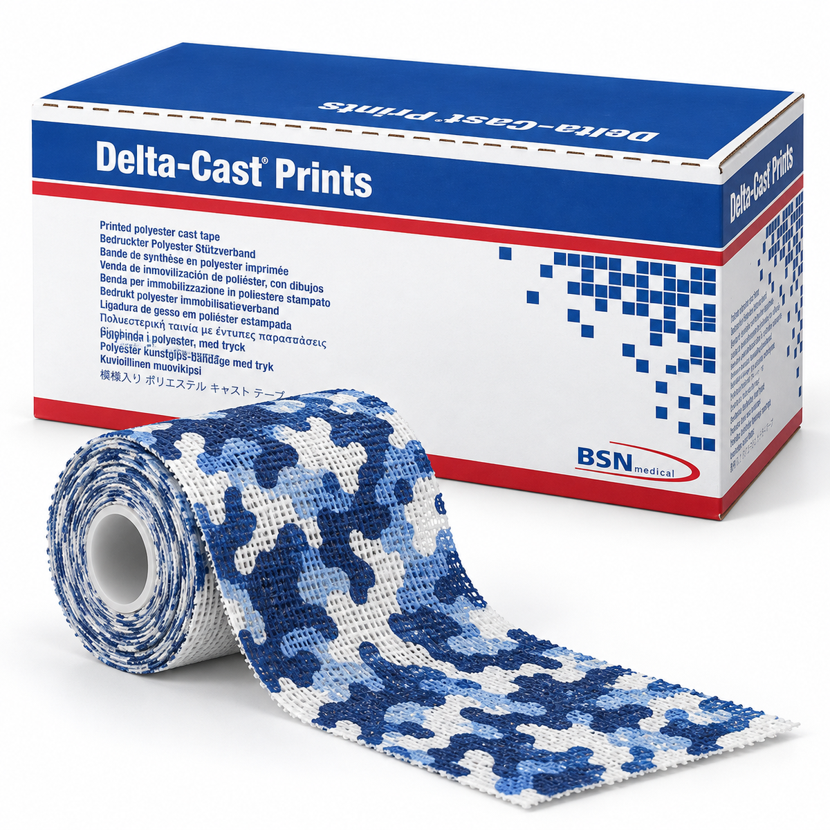 Delta-Cast Prints blue camouflage polyester casting tape roll with BSN Medical box
