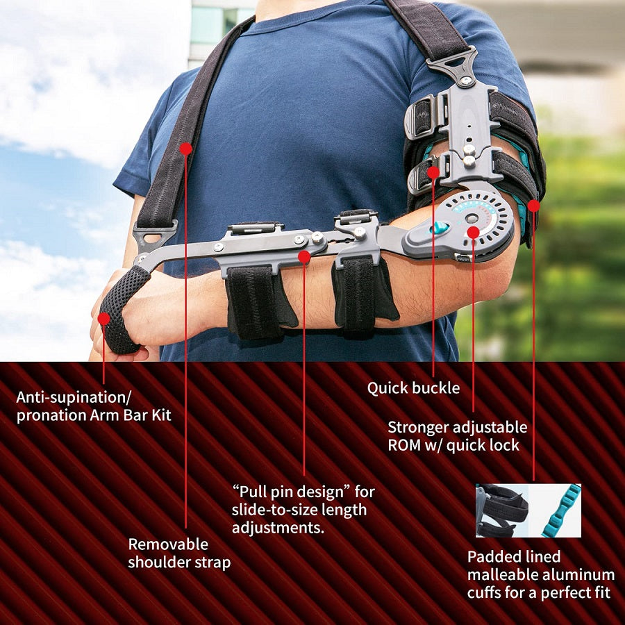 Elbow ROM Hinged Brace Extension Post-Op Range of Motion w/ Hand Grip and Sling | eLife - OrthoTape.com