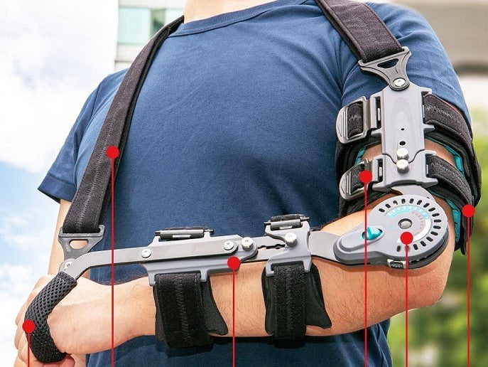 Elbow ROM Hinged Brace Extension Post-Op Range of Motion w/ Hand Grip and Sling | eLife - OrthoTape.com