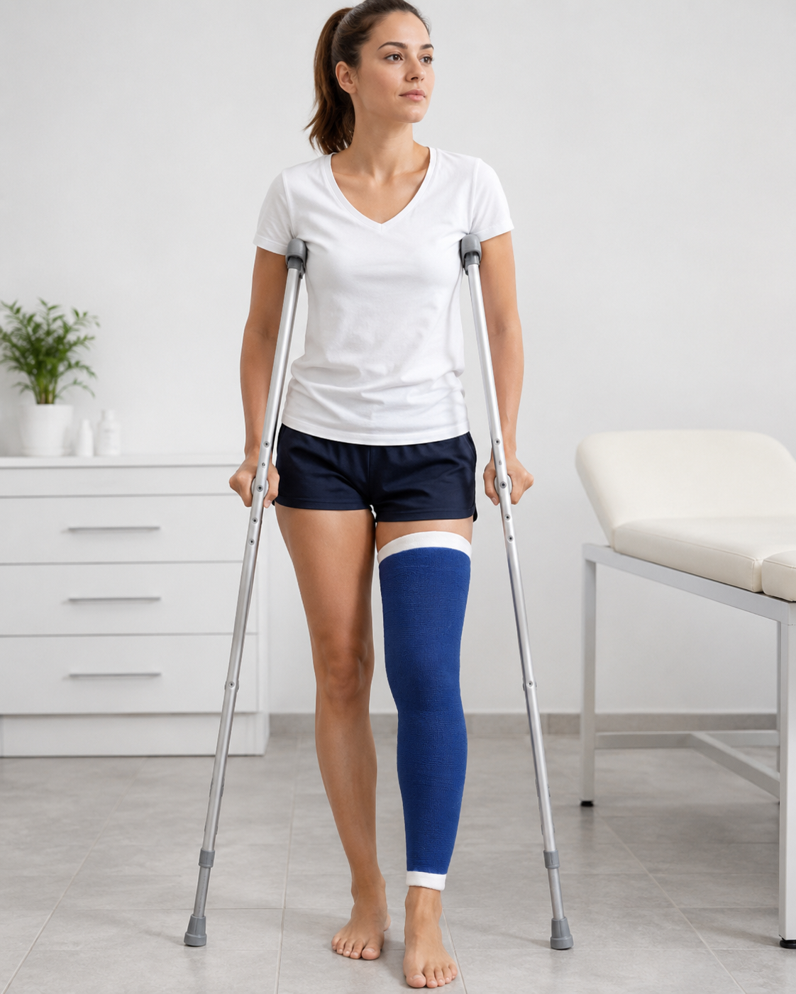 Female with a poterior knee half cast splint soft cast to a person leg for immobilization of a knee sprain