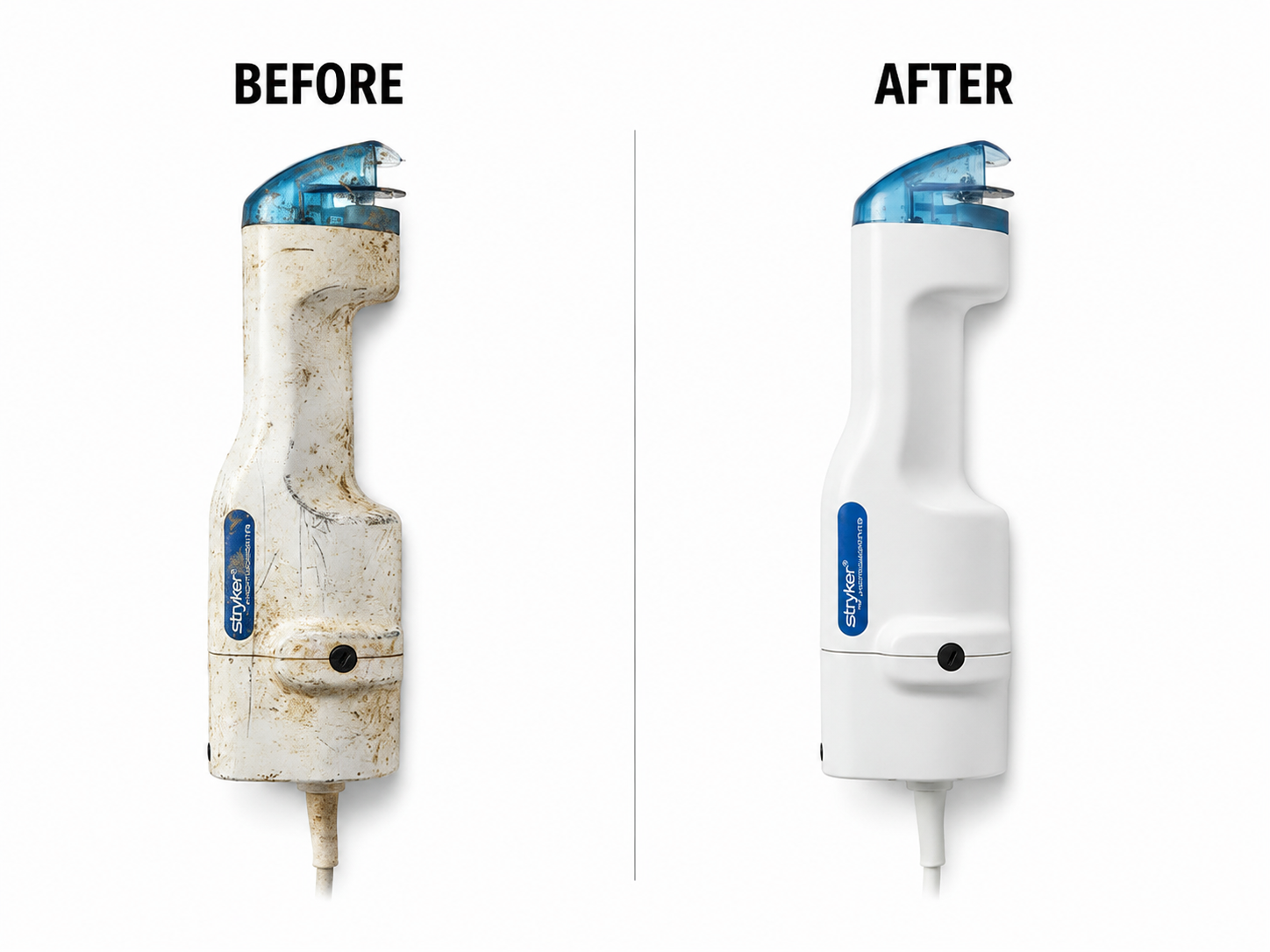 Repair service before an after view of a repaired stryker 940 cast saw cutter with stainless steel blade showing repair service options