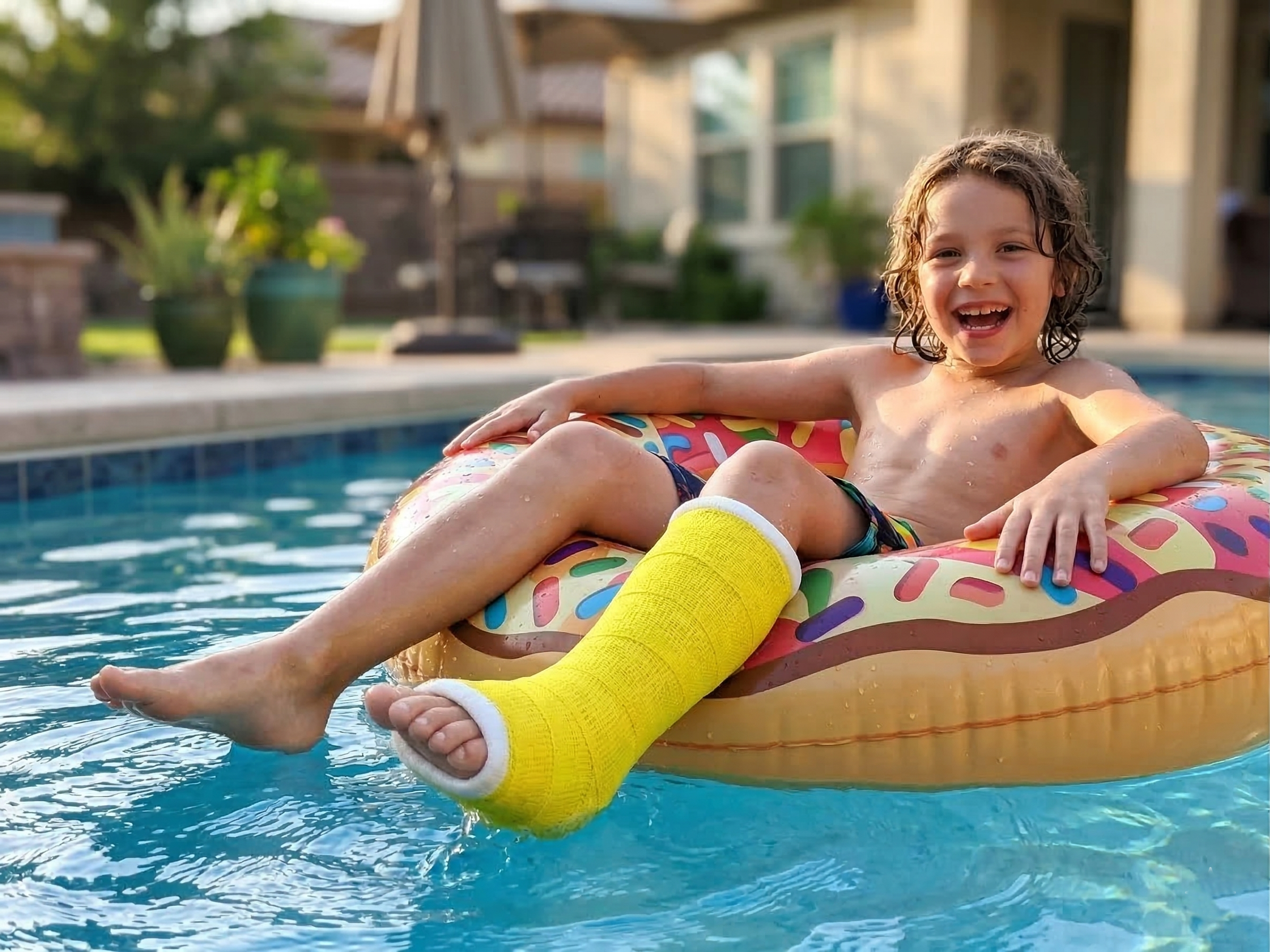 Child with a yellow waterproof swim cast on a hot dog-shaped inflatable ring in a pool