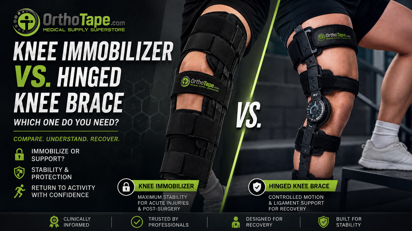 Side-by-side comparison of a knee immobilizer and hinged knee brace worn by two adults during injury recovery