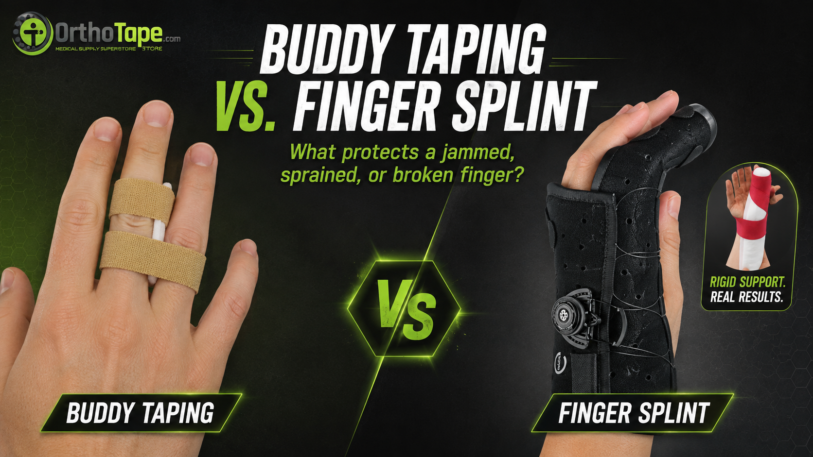 Side-by-side comparison of buddy-taped fingers and a rigid finger fracture splint for jammed, sprained or broken finger injuries