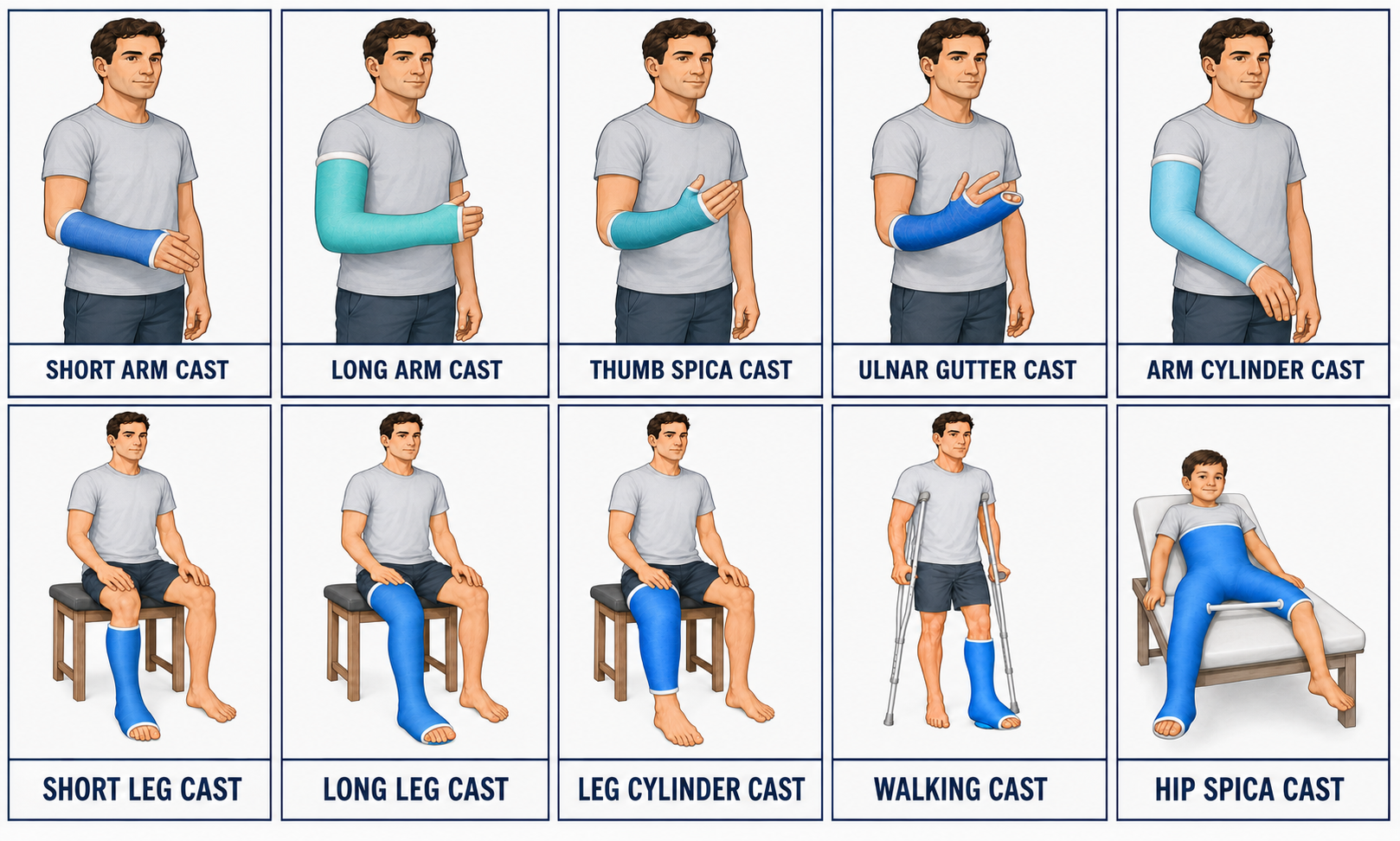 Diagram comparing short arm, long arm, short leg and long leg fiberglass orthopedic casts for broken bones
