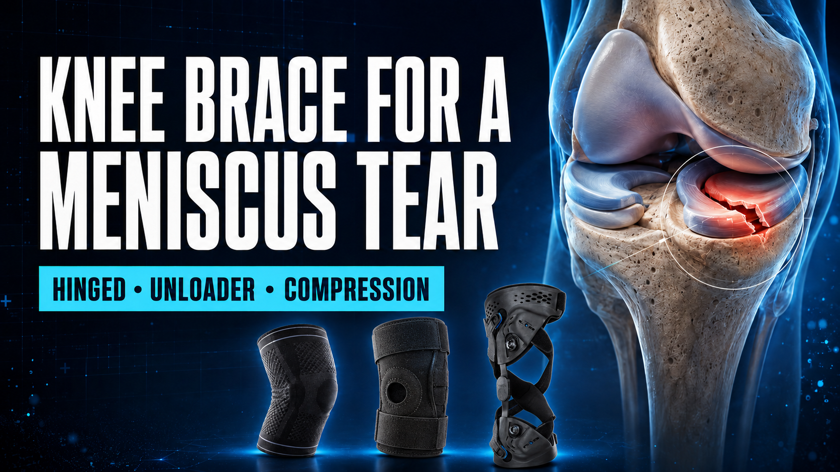 Compression sleeve, eLife hinged knee brace and Össur Unloader One X beside an anatomical illustration of a torn knee meniscus.