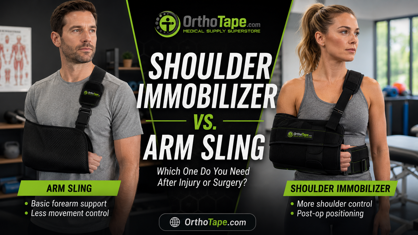 Comparison graphic showing an arm sling and a shoulder immobilizer worn by two adults, with OrthoTape branding and shoulder recovery support details