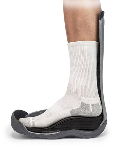 Foot in a cast boot to treat Achilles Tendon Rupture Braces, Walking Boots Heel Wedges