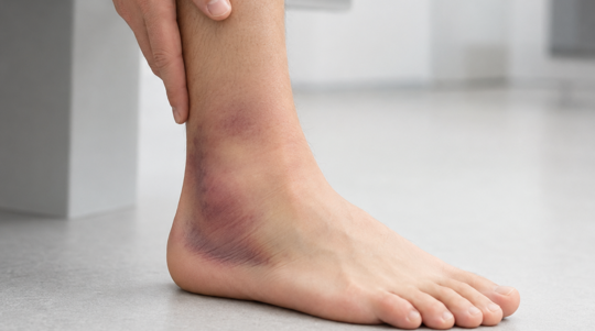 An Ankle showing bruising due to Ankle Sprain  Ankle Fracture Treatment: Splints, Walking Boots, Braces &amp; Casts