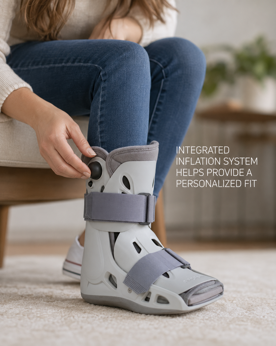 A woman with a broken foot wearing an aircast select medical CAM boot on her foot adjusting the air in her medical boot.