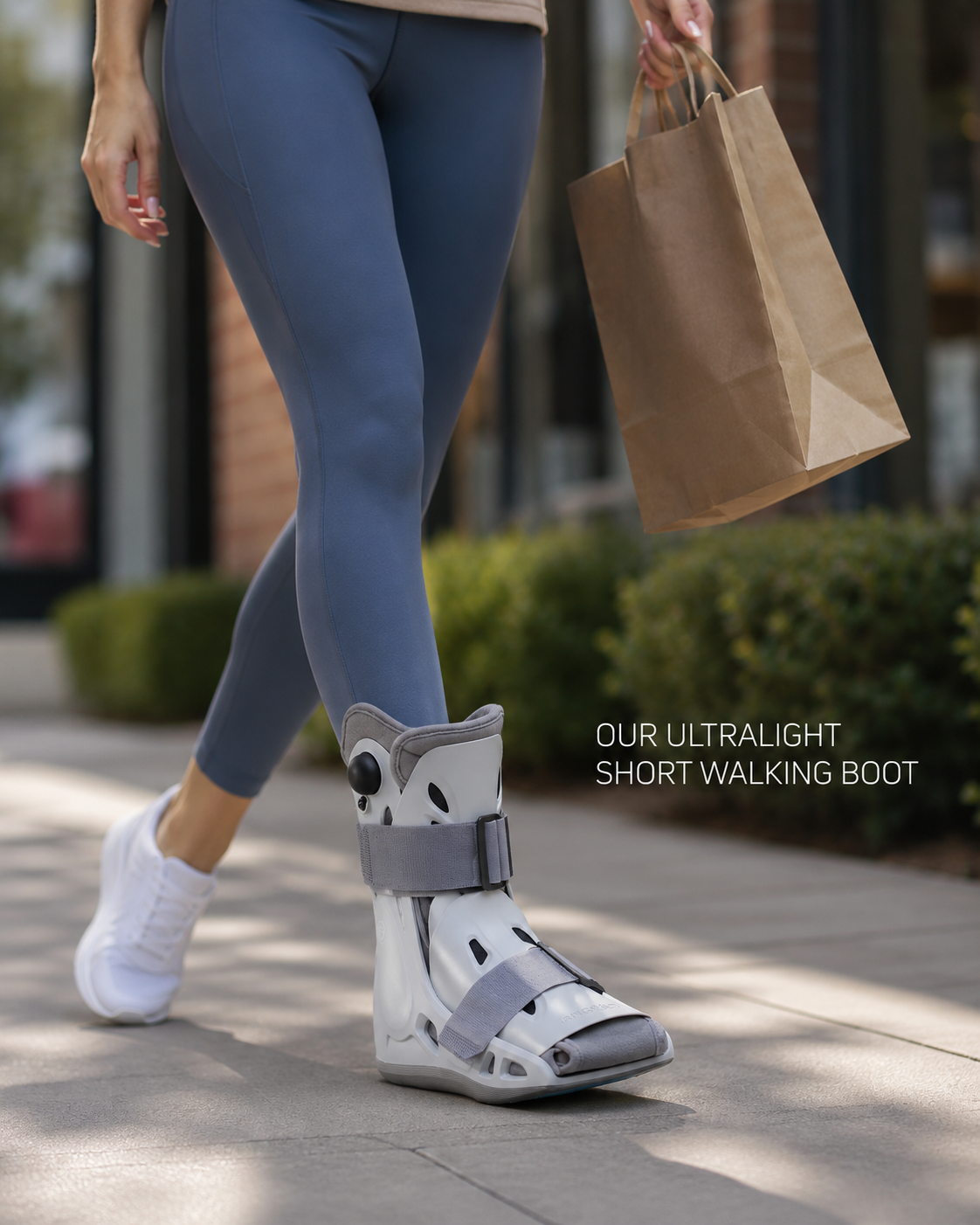 A woman with a broken foot wearing an aircast select medical cast boot on her foot and tennis shoe on her other foot shopping