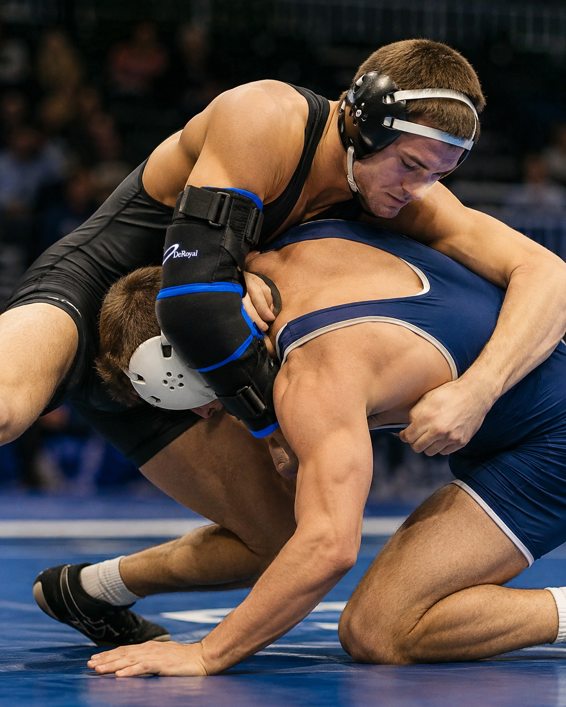 wrestler in a wrestling match wearing a DeRoyal Hypercontrol Elbow Brace Hyperextension Protection