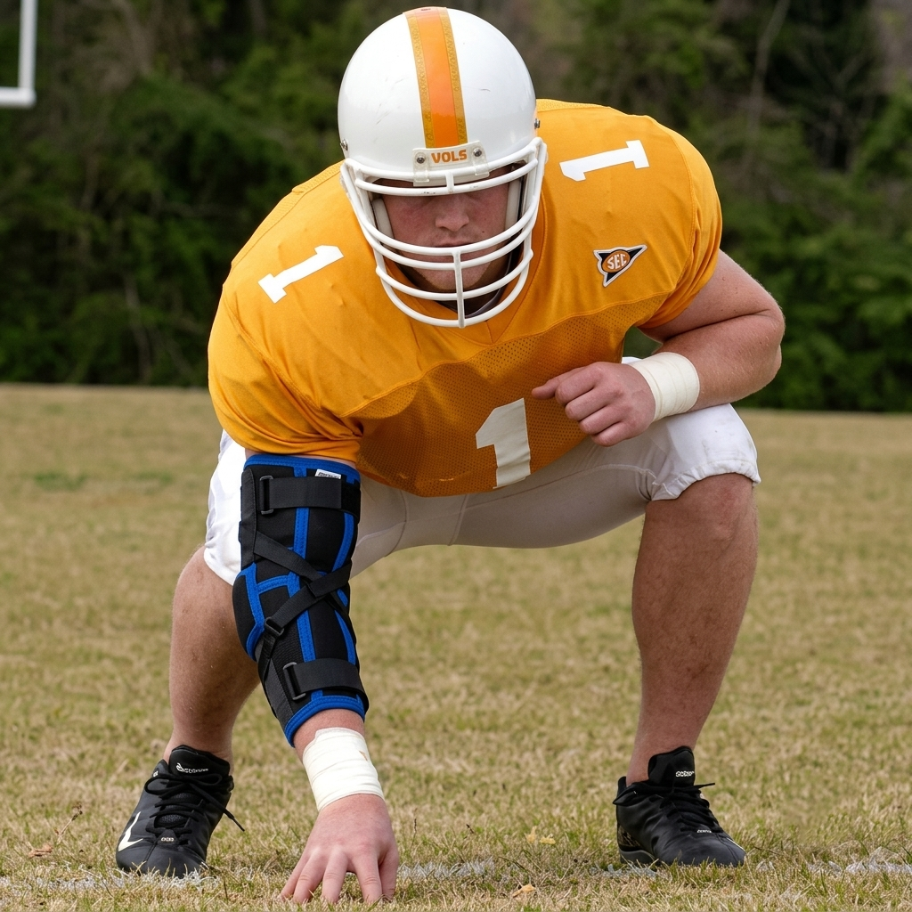 hight School Football player wearing a DeRoyal Hypercontrol Elbow Brace to prevent Hyperextension Protection throwing a football with fans watching