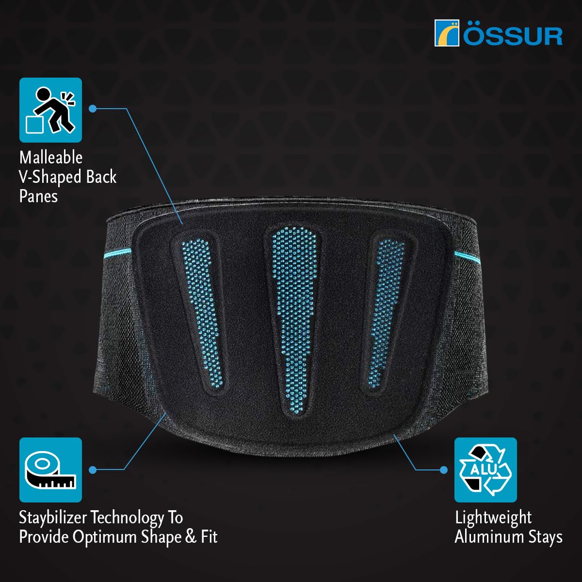 Ossur Form Fit Pro Back support brace with features highlighted on a dark background, featuring the Ossur logo.