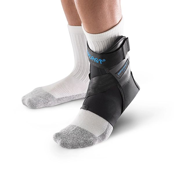 Aircast AirLift PTTD stirrup brace medial cross-strap and two-strap closure detail