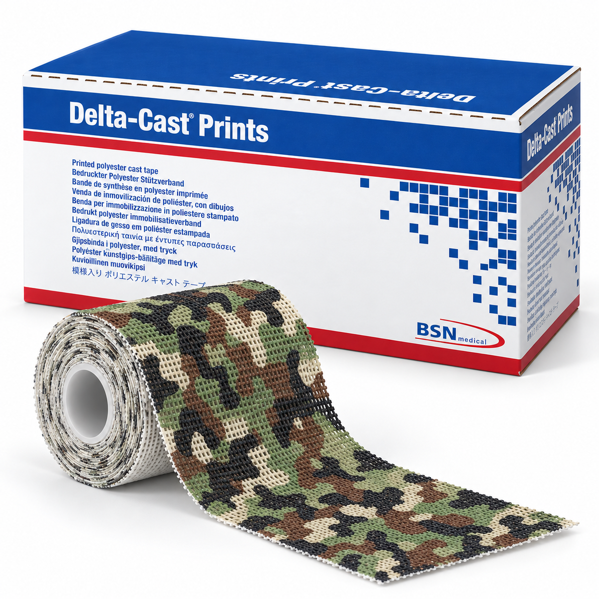 Delta-Cast Prints green brown and black camouflage casting tape roll with box
