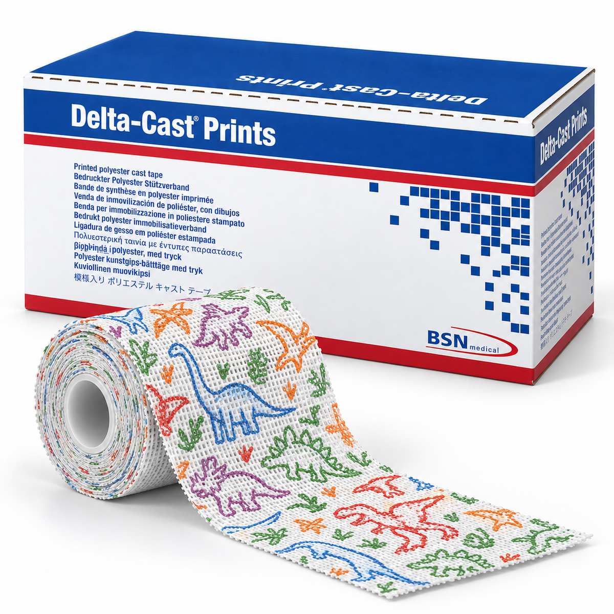 Delta-Cast Prints polyester casting tape with colorful dinosaur outlines on white fabric
