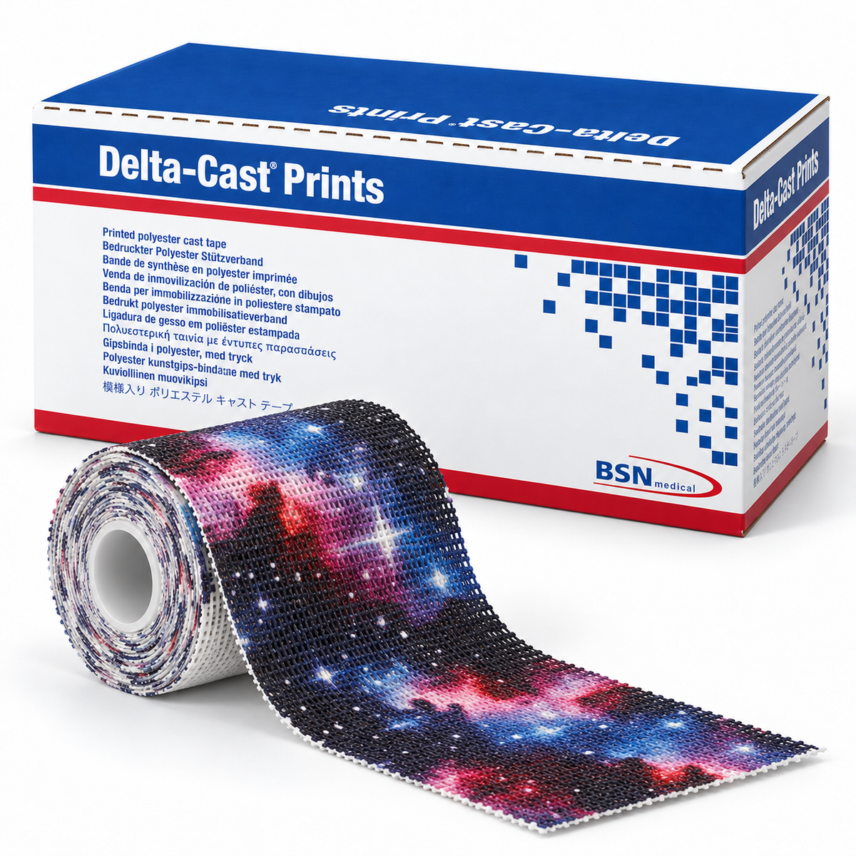 Delta-Cast Prints galaxy patterned casting tape roll with blue and pink starscape
