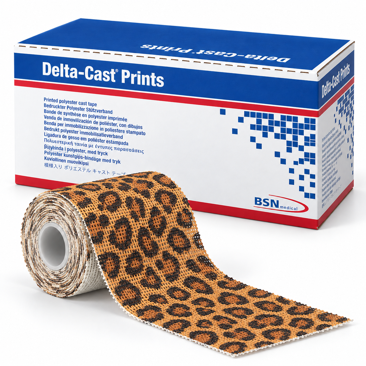 Delta-Cast Prints leopard print polyester casting tape roll with black spots on orange fabric
