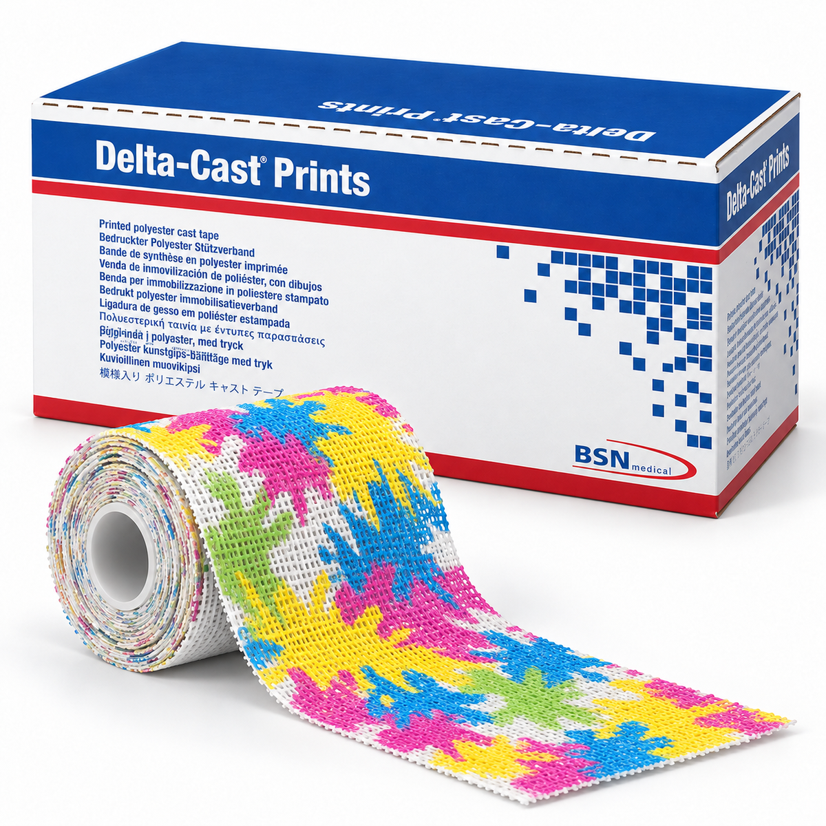 Delta-Cast Prints pastel casting tape roll with pink yellow blue and green pattern
