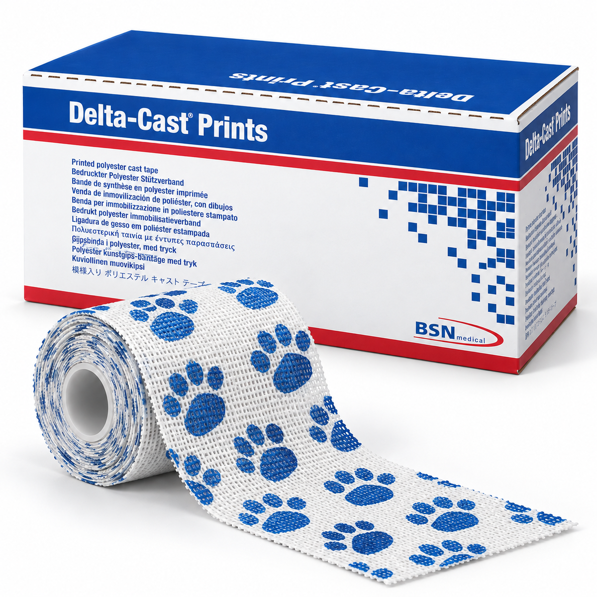 Delta-Cast Prints polyester casting tape roll with blue paw prints on white fabric
