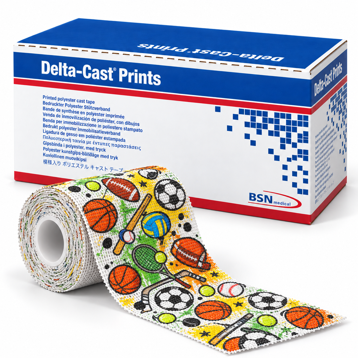 Delta-Cast Prints sports patterned polyester casting tape with soccer balls and other sports equipment
