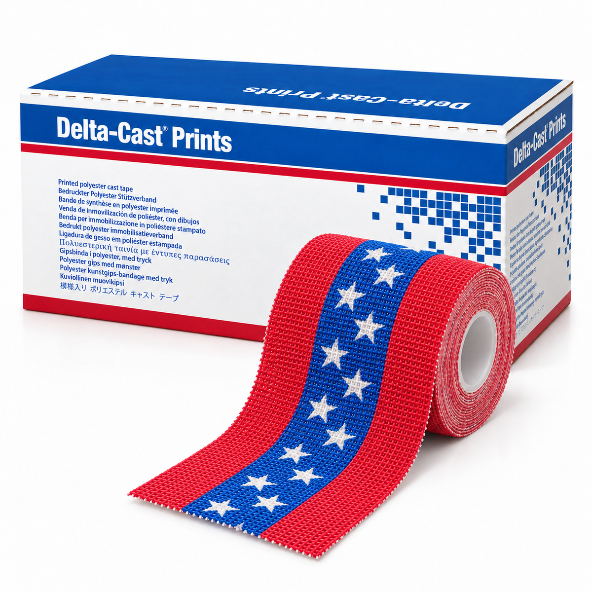 Delta-Cast Prints Stars and Stripes casting tape roll with white stars blue center and red edges
