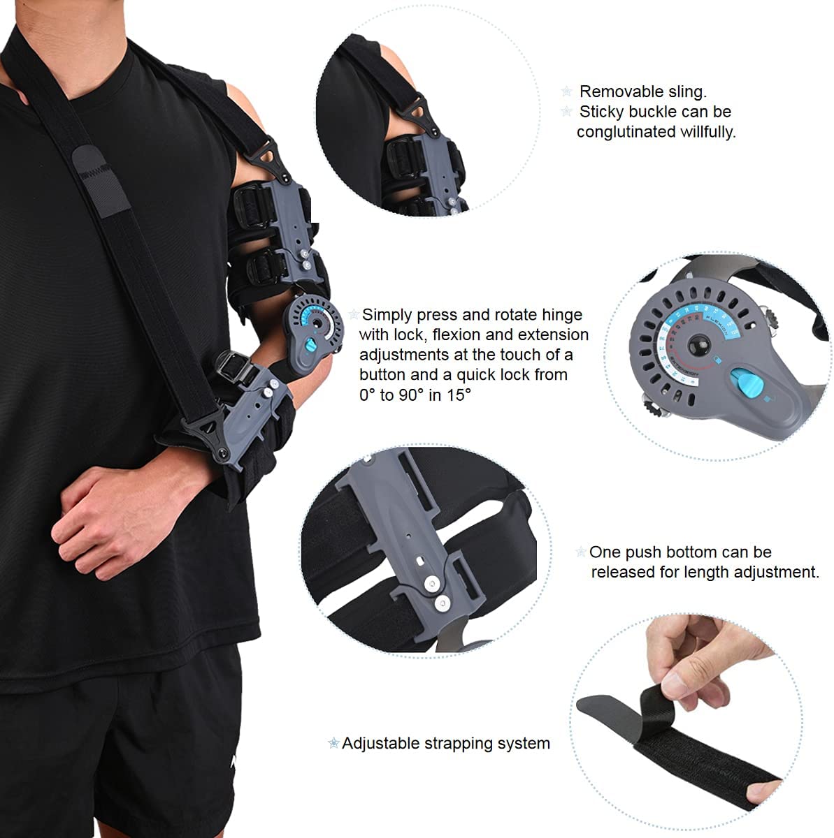 ROM Hinged Elbow Brace Extension Post-Op Range of Motion w/ Hand Grip and Sling | eLife