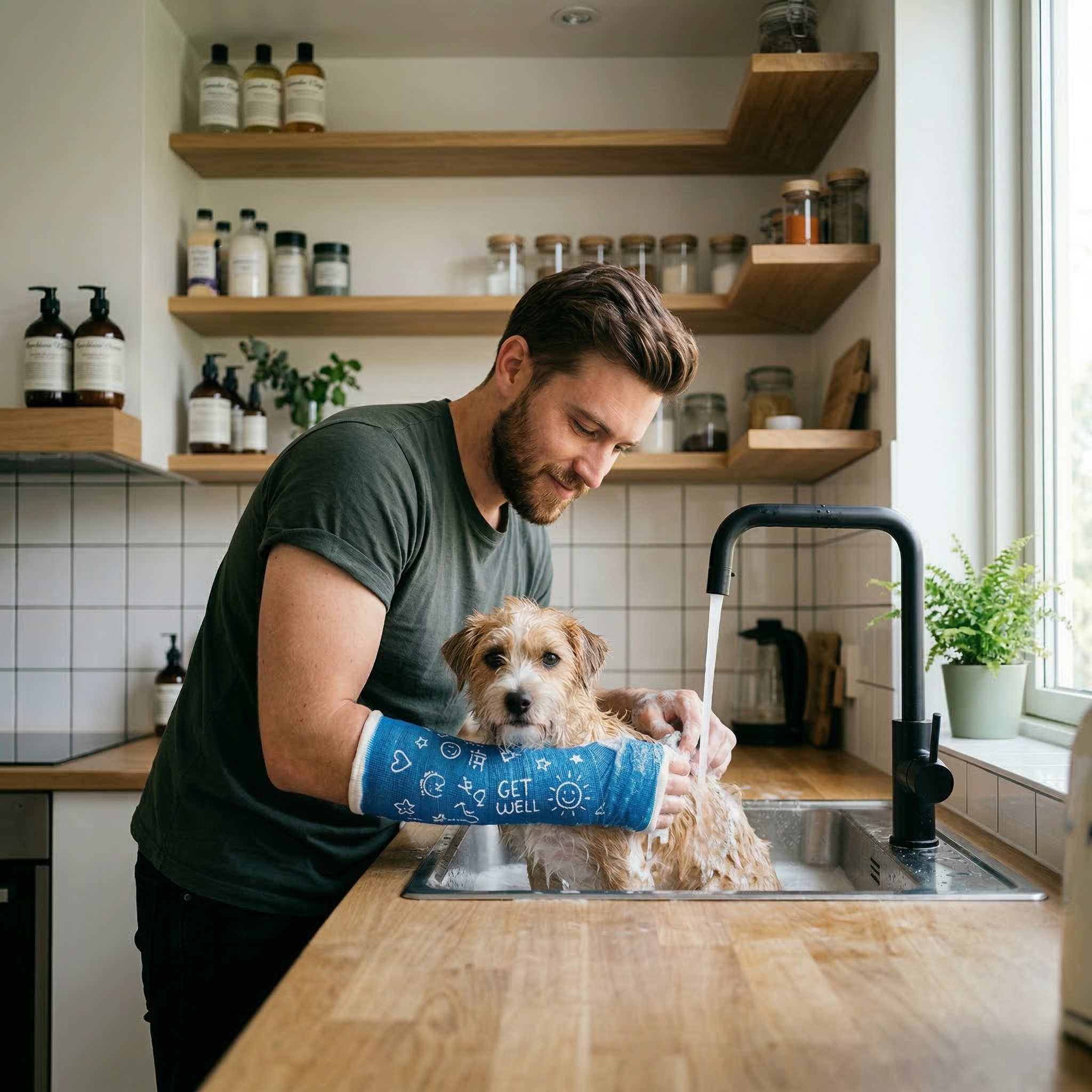 A man with a water-resistant cast washing a dog in a kitchen sink with shelves and plants in the background