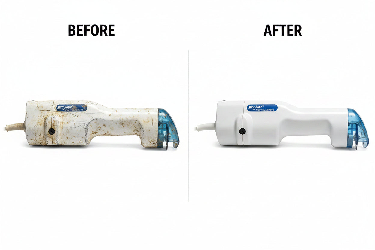 before an after view of a repaired stryker 940 cast saw cutter with stainless steel blade showing repair service options