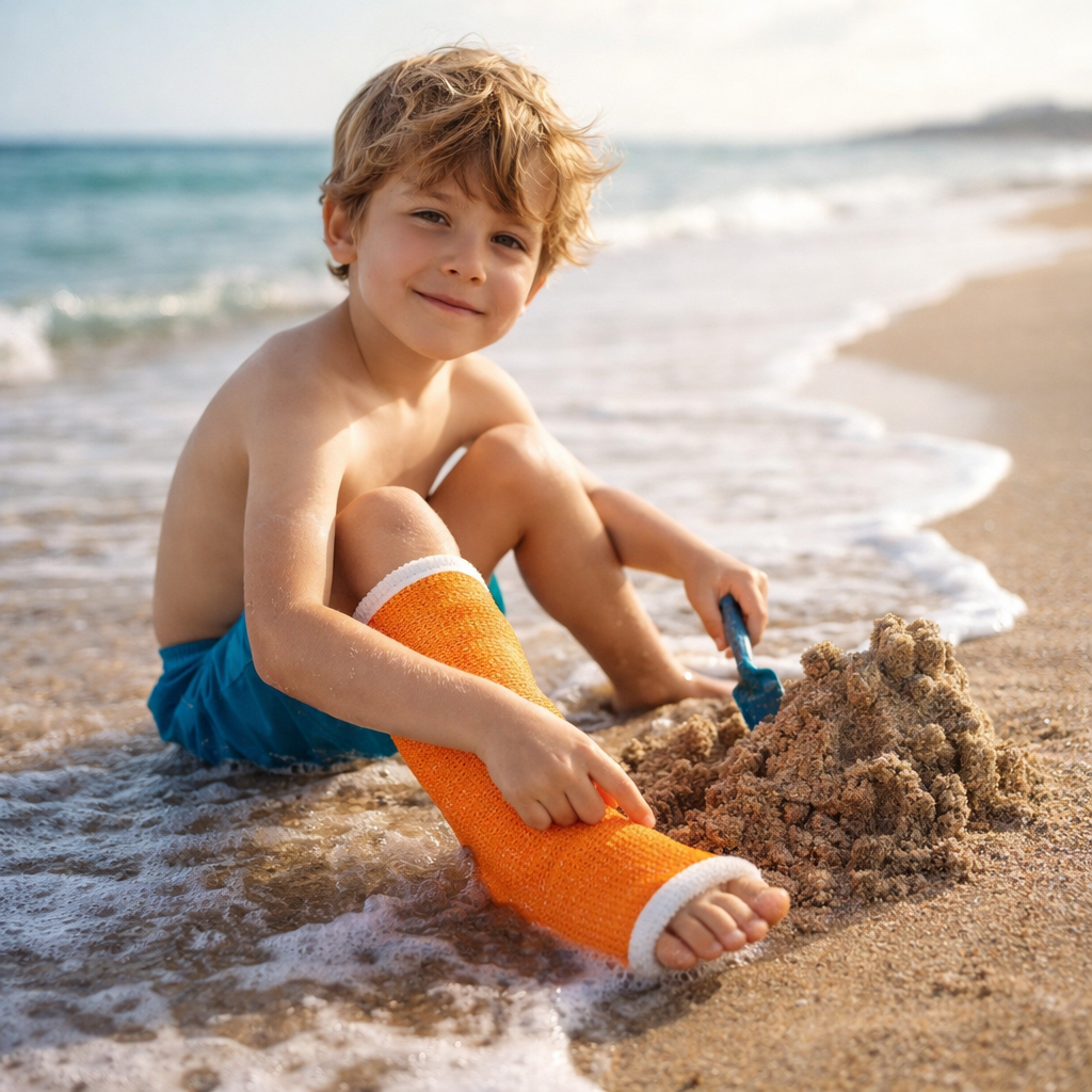 Child with an orange waterpoof cast on a sandy beach
